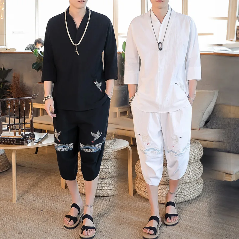 #3406 Black White T Shirt And Pants Two Piece Set Men Vintage Embroidery Loose Cotton And Linen Casual Man Clothes Set Summer 
#3406 Black White T Shirt And Pants Two Piece Set Men Vintage Embroidery Loose Cotton And Linen Casual Man Clothes Set Summer