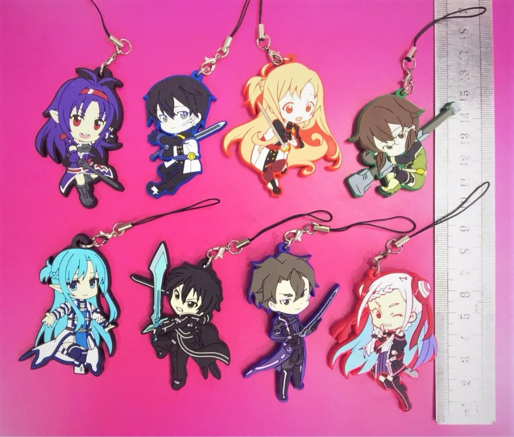 G482 8PCSlot Sword Art Online Original Japanese anime figure rubber Silicone sweet smell mobile phone charms keychain strap
