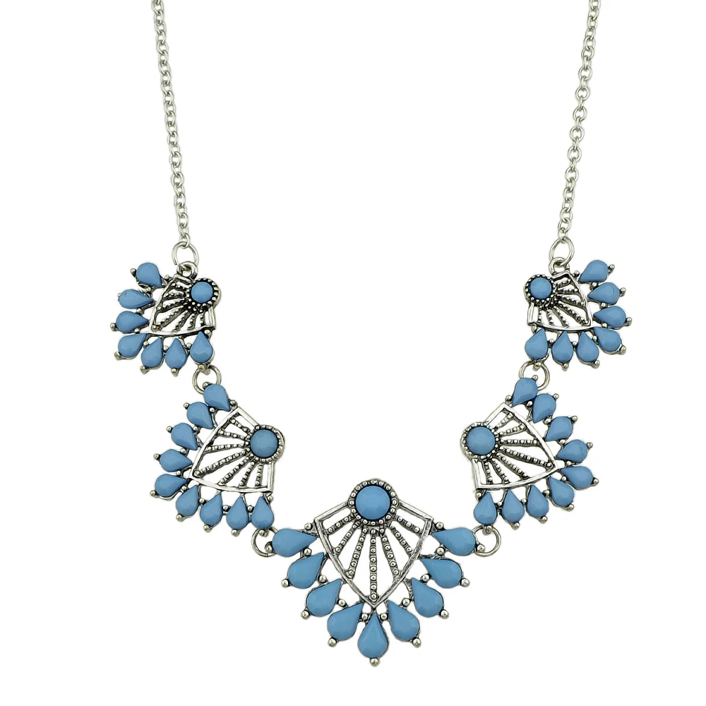 Vintage Style Statement Necklace Silver Color Chain with Blue Beads Flower Shape Collar For Women Jewelry Accessories | Украшения и