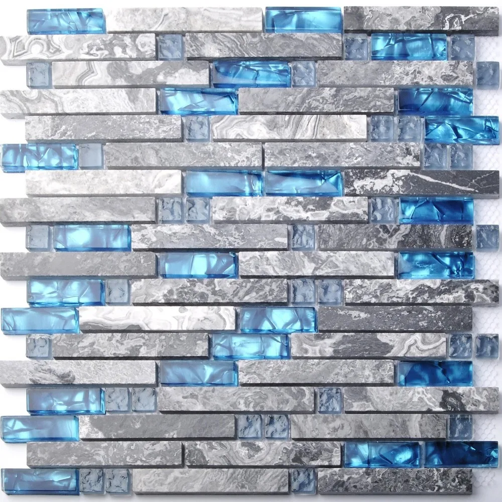 Фото Серый мраморный камень морская синяя стеклянная мозаика настенная напольная