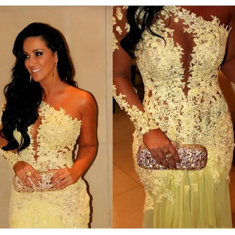 Yellow Mermaid Lace Long Sleeve Prom Gowns One Shoulder Neckline Sheer Chiffon Floor-Length Evening Gowns Custom Made
Yellow Mermaid Lace Long Sleeve Prom Gowns One Shoulder Neckline Sheer Chiffon Floor-Length Evening Gowns Custom Made