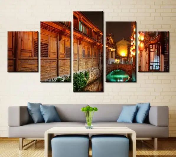 Image Chinese Classical Buildings Landscape 5 Piece Oil Painting On Canvas Nordic Decoration Modular Picture For Sofa Wall Decor