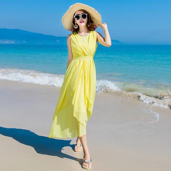 Bohemian Beach Dress Brief Fashion Chiffon Summer Dress Pure Color Sleeveless Midi Dress Elegant Temperament Vestido De Festa
Bohemian Beach Dress Brief Fashion Chiffon Summer Dress Pure Color Sleeveless Midi Dress Elegant Temperament Vestido De Festa