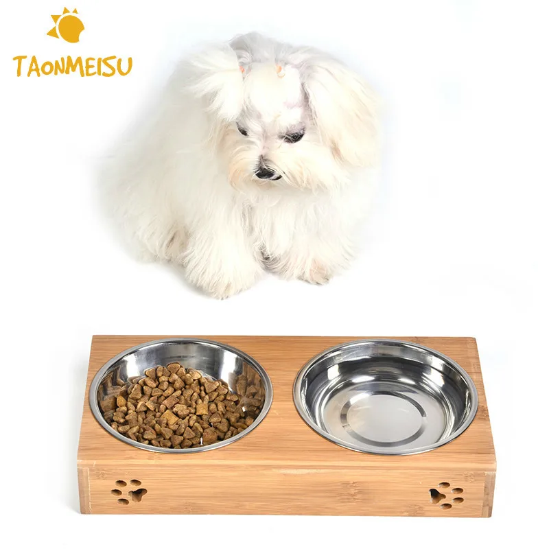 Image Pet Dog Double Bowls Raised Stand Bamboo Stainless Steel for Pet Feeding Water Food Drop Shipping