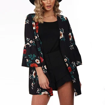 Women Casual Vintage Three Quarter Flare Sleeve Cardigan Ladies 2018 Summer Long Chiffon Kimono Loose Flora Printed Blouse Tops 
Women Casual Vintage Three Quarter Flare Sleeve Cardigan Ladies 2018 Summer Long Chiffon Kimono Loose Flora Printed Blouse Tops