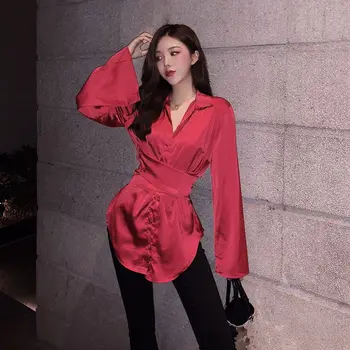 Long Flare Sleeve Vintage Sashes Sexy Club Blouses Long Satin Vintage Autumn Blouse Women Red Solid Club Blusa Mujer NEW
Long Flare Sleeve Vintage Sashes Sexy Club Blouses Long Satin Vintage Autumn Blouse Women Red Solid Club Blusa Mujer NEW