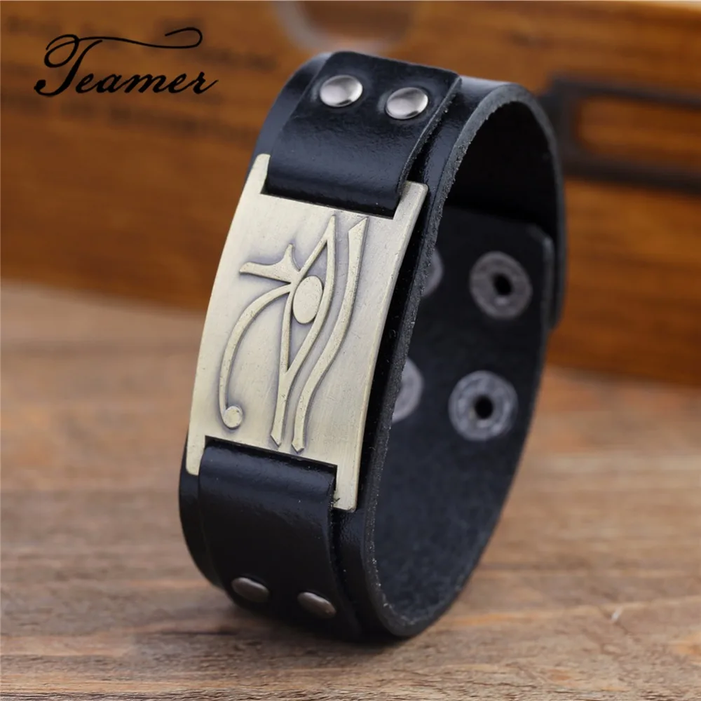 

Teamer Egyptian Eye of Ra Horus Udjat Men Genuine Leather Bracelet Vintage Religious Black/Brown Color Wrist Wrap Amulet Jewelry