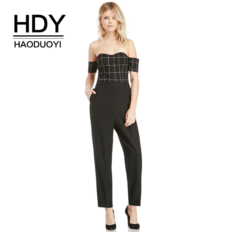 

HDY Haoduoyi Off Shoulder Check Contrast Seam Romper Black Sexy Strapless Backless Slim Jumpsuit Slash Neck Zipper Back Playsuit