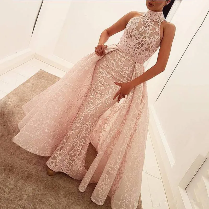 

Pink 2019 Formal Celebrity Dresses Mermaid High Collar Appliques Lace Long Evening Dresses Famous Red Carpet Dresses