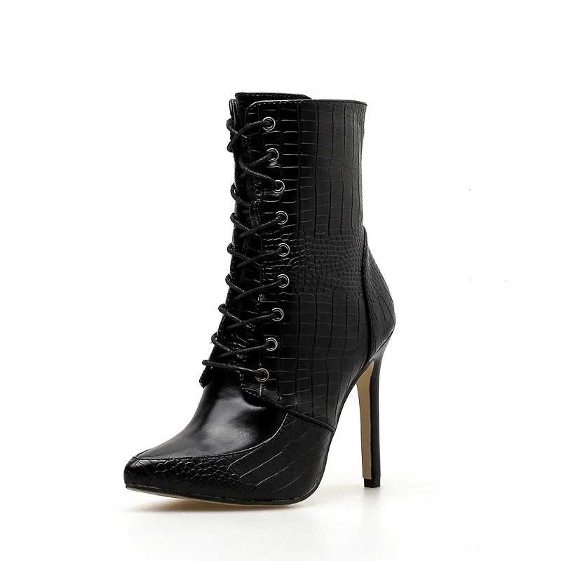 2018 autumn pointed high heel tie foreign trade large size snake pattern female boots black 1211