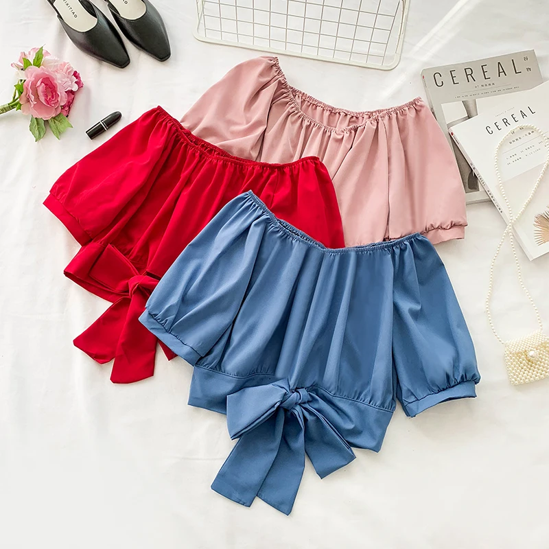 Korean Chic Sweet Pure Color Slash Neck Short Sleeve High Waist Short Crop Tops Women Chiffon Shirt Blouse E093
Korean Chic Sweet Pure Color Slash Neck Short Sleeve High Waist Short Crop Tops Women Chiffon Shirt Blouse E093
