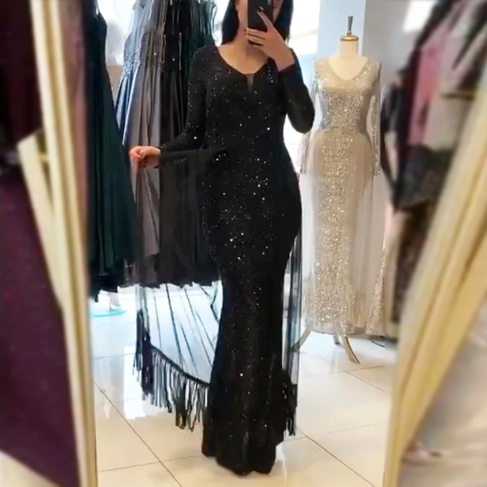 Black V Neck Full Sleeved Maxi Dress Striped Sequined Patchwork Mesh Tassel Party Dress Long Stretchy Dress
Black V Neck Full Sleeved Maxi Dress Striped Sequined Patchwork Mesh Tassel Party Dress Long Stretchy Dress