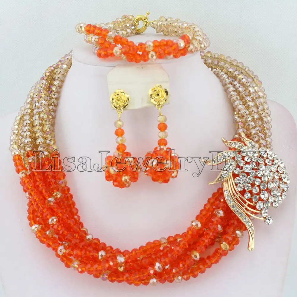 

Orange&Champagne Nigerian Wedding Beads Jewelry Sets African Beads Jewelry Necklace Sets HD4504