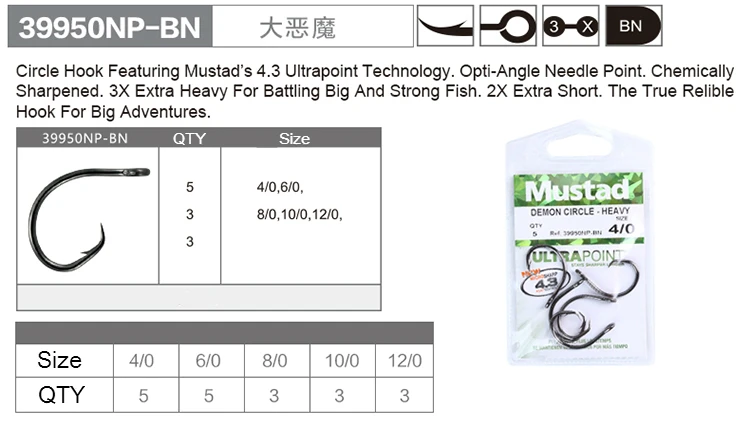 2 Mustad 39950NP Demon Perfect 12//0 Circle Hooks 3X Strong Saltwater Big Sharks