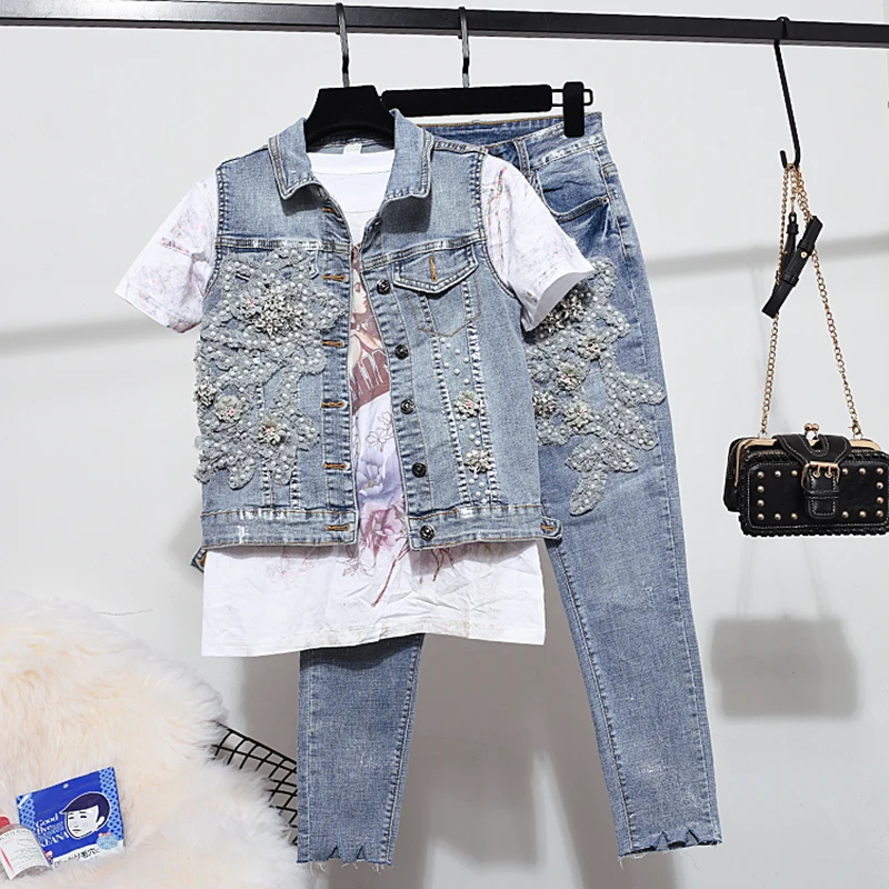 Spring Fashion Two Piece Suits Denim Pants Set New Women's Beaded Denim Vest Coat + Bronzed Stretch Jeans Suit Girls Ladies Sets
Spring Fashion Two Piece Suits Denim Pants Set New Women's Beaded Denim Vest Coat + Bronzed Stretch Jeans Suit Girls Ladies Sets