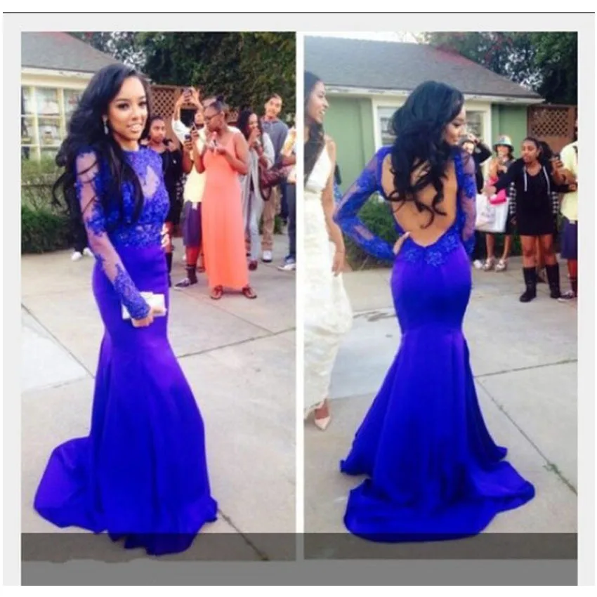 See Through Lace Appliqued Royal Blue Backless Long Sleeve Mermaid Evening Dress
See Through Lace Appliqued Royal Blue Backless Long Sleeve Mermaid Evening Dress