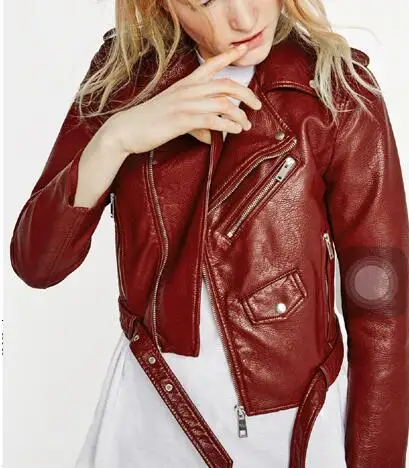 Image VogaIn NEW Spring 2016 Brand Women Burgundy Redwine Short Faux Leather Jacket Cropped Biker jackets belt Zips details Epaulets