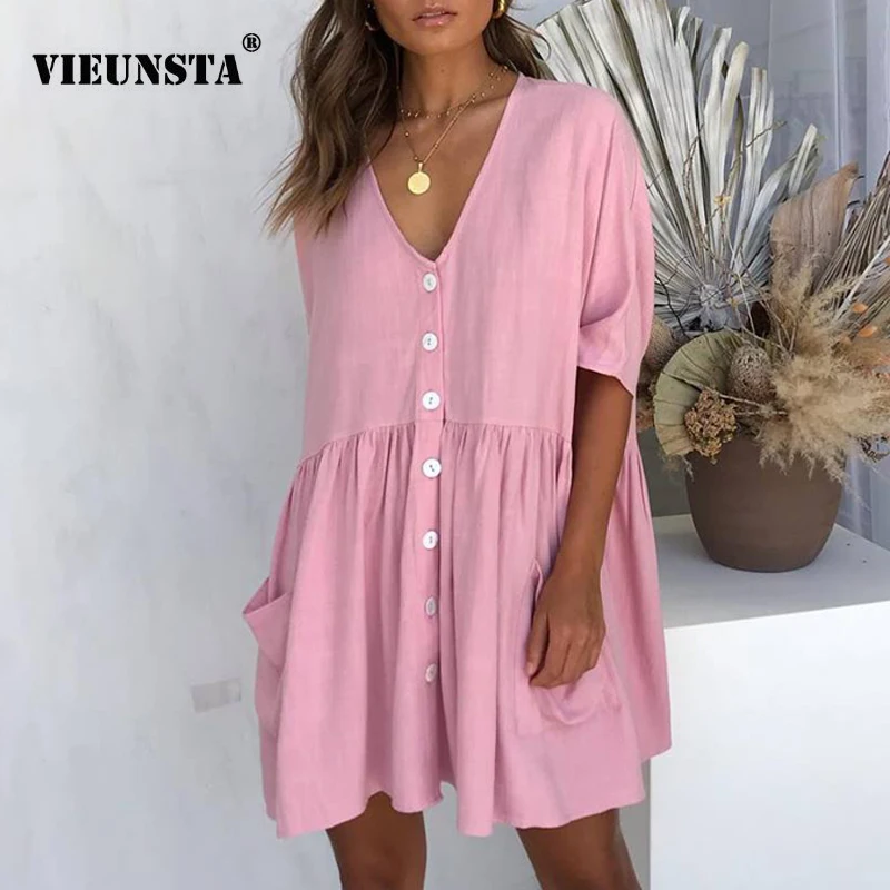 VIEUNSTA 2019 Summer Dress Women Sexy V-neck Buttons Elegant Party Dress Casual Short Sleeve Pockets Loose Mini Dresses Vestidos
VIEUNSTA 2019 Summer Dress Women Sexy V-neck Buttons Elegant Party Dress Casual Short Sleeve Pockets Loose Mini Dresses Vestidos