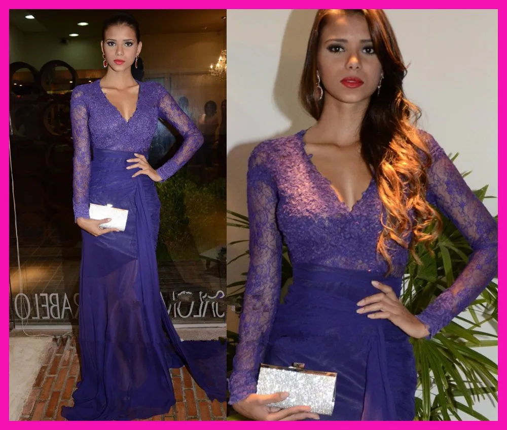 2014 Real Sexy Purple Sheer Lace V Neck Transparent Chiffon Long Sleeves Evening Prom Dresses E5800
2014 Real Sexy Purple Sheer Lace V Neck Transparent Chiffon Long Sleeves Evening Prom Dresses E5800