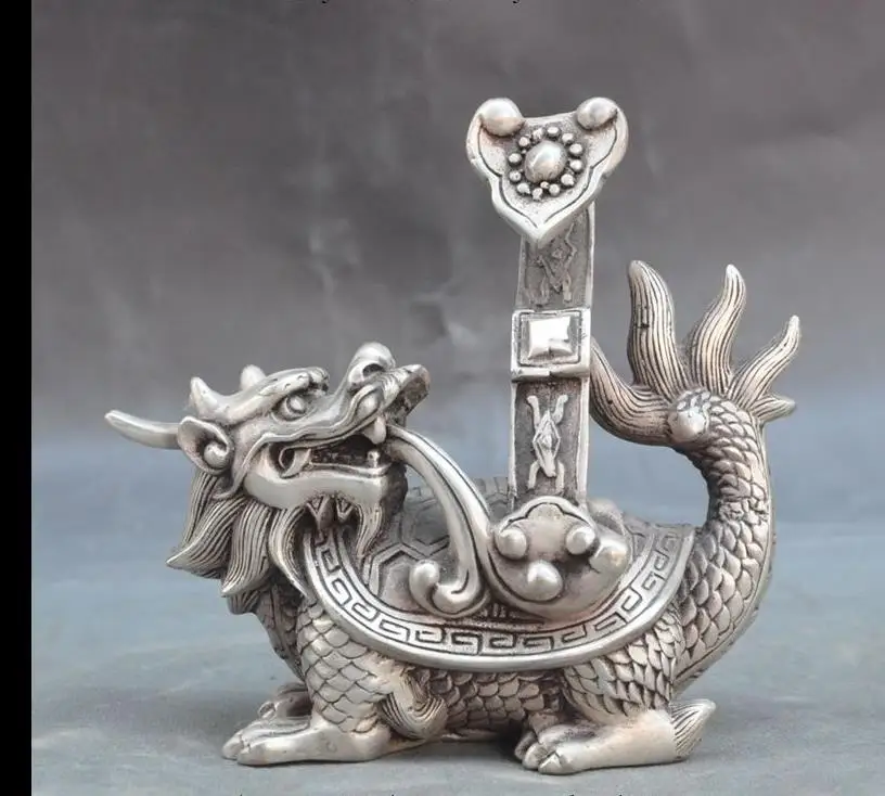 67111602++Lucky Folk Old Chinese Silver Fengshui Animal Ruyi Dragon Turtle Tortoise Statue