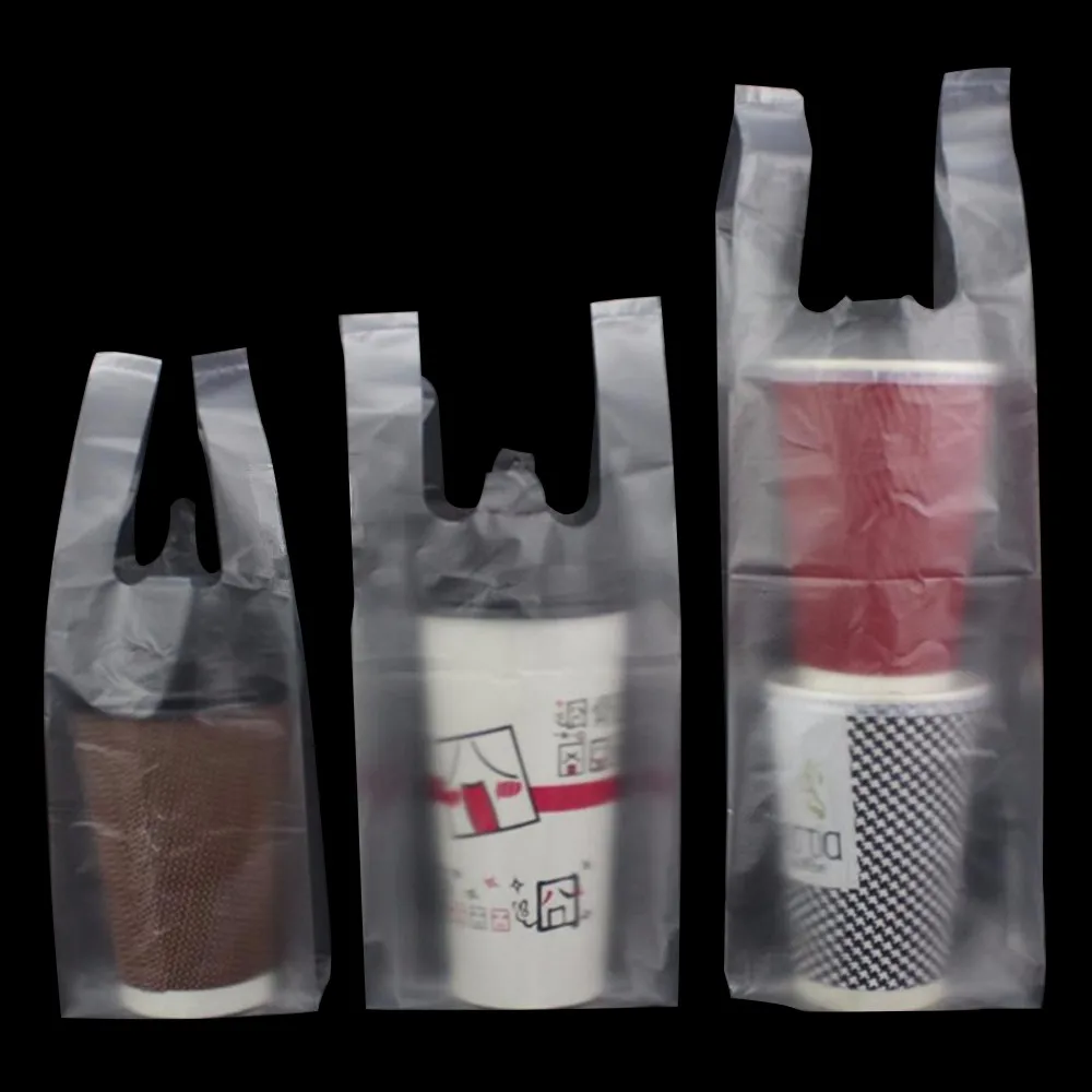 

200Pcs/Lot Clear Plastic Coffee Tea Cup Packaging Bag Glossy / Embossed Beverage Cola Drinking Take Out Carrier Handle Poly Bags