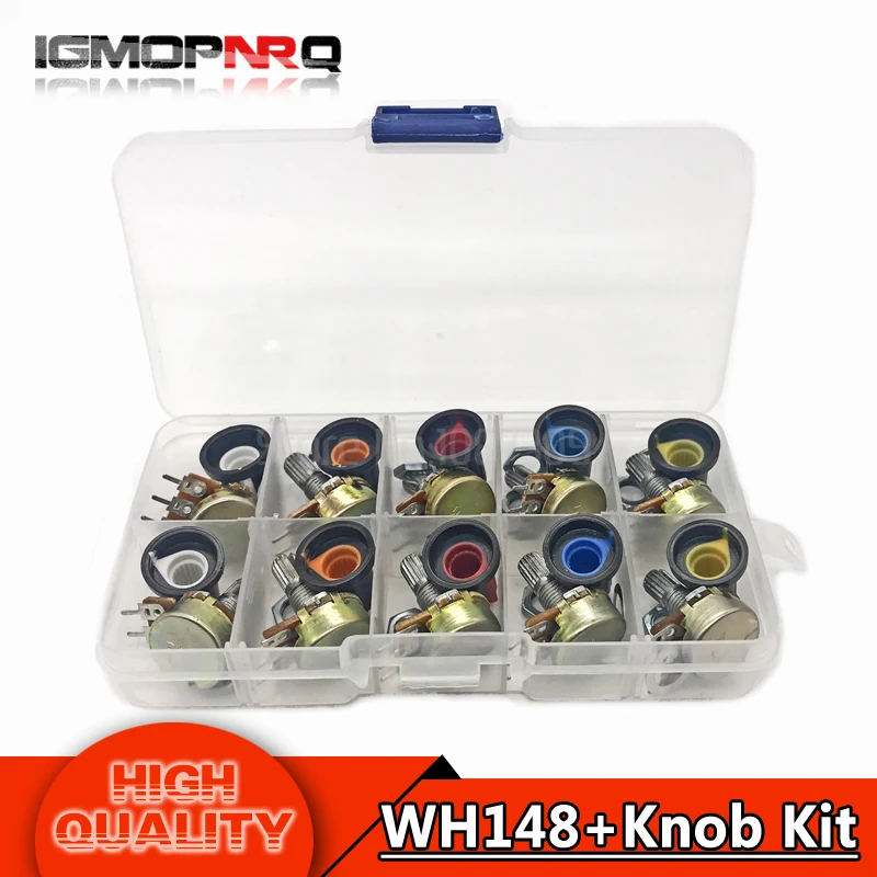 10PCS WH148 potentiometer kit B1K B2K B5K B10K B20K B50K B100K B250K ohm 3PIN 15MM Knob AG2 15x17mm EACH 1pcs
10PCS WH148 potentiometer kit B1K B2K B5K B10K B20K B50K B100K B250K ohm 3PIN 15MM Knob AG2 15x17mm EACH 1pcs