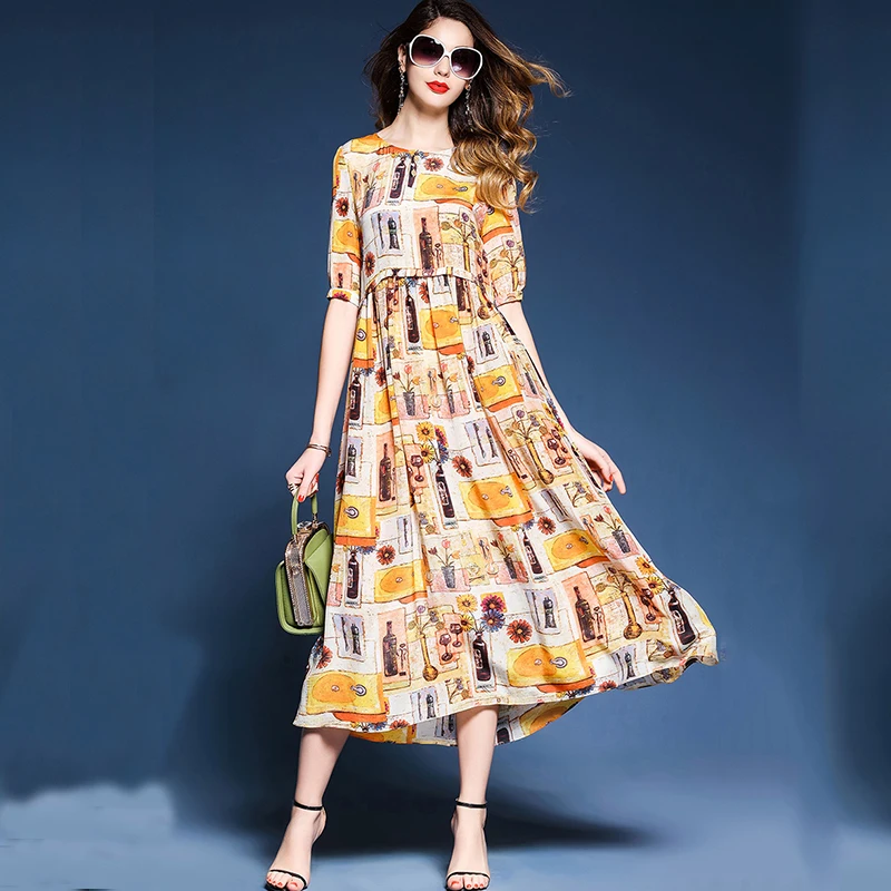 2019 New fashionable printed silk dress with round collar and elegant dress in spring and summer office dress
2019 New fashionable printed silk dress with round collar and elegant dress in spring and summer office dress