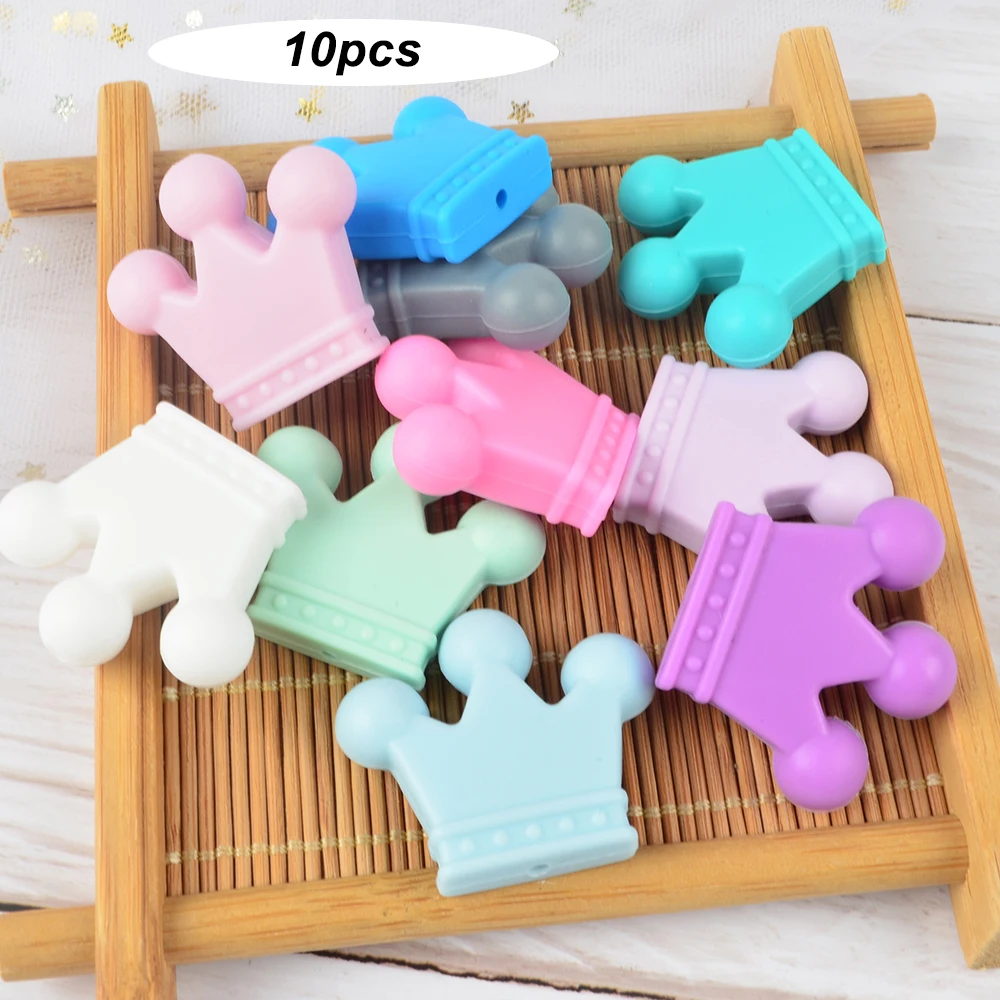 

HOT SALE 10pcs/lot Silicone Crown Beads BPA Free Silicon Teething Beads Baby Chew Teething Necklace DIY Pacifier Clips Accessory