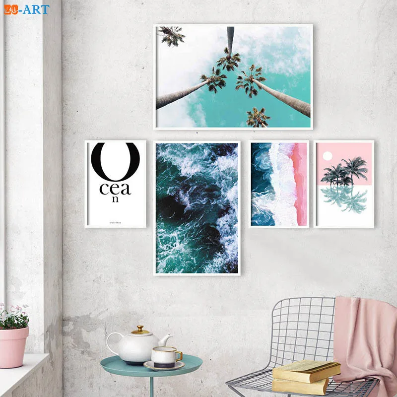 Nordic Pink Bule Palm Tree Ocean Prints Aerial Beach Poster Wall