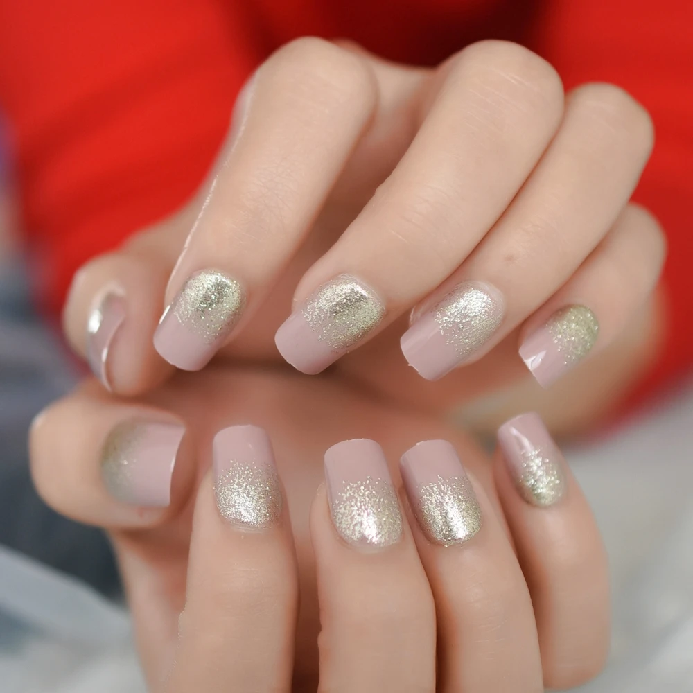 Glitter Square Short Glued Nail Light Purple Silver Powder Concise