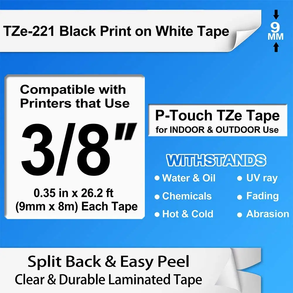 Tze 221 Tze221 5 шт./лот 9 мм * 8 м черный белый ламинированный совместимый с P touch картриджи