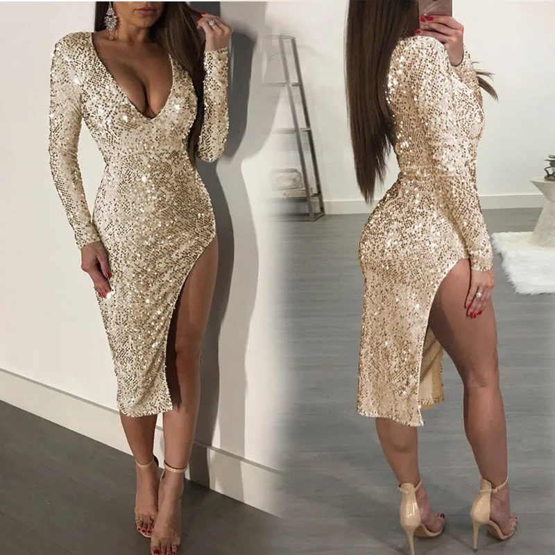 Sequin Golden Dress for Evening Party Long Sleeve Irregular Bodycon Slim Maxi Long Club Dress Deep V Neck Sexy Bride Dress
Sequin Golden Dress for Evening Party Long Sleeve Irregular Bodycon Slim Maxi Long Club Dress Deep V Neck Sexy Bride Dress