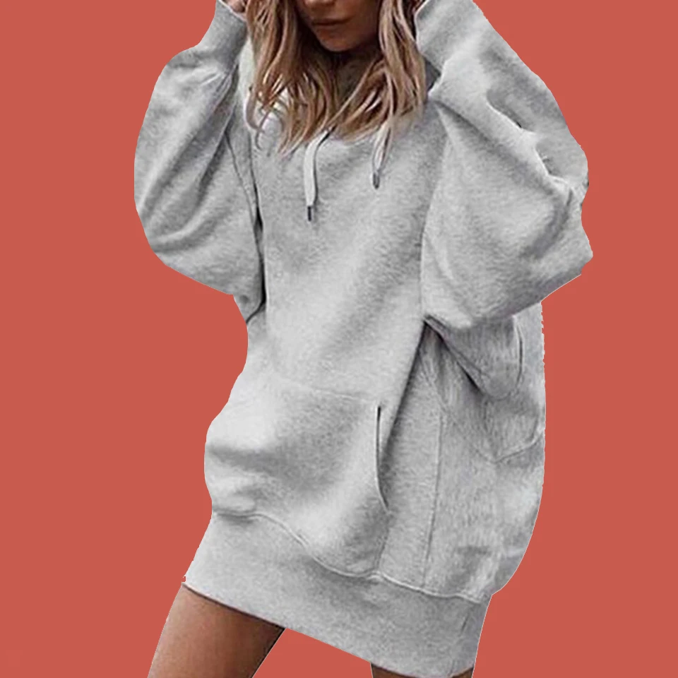 

Plain Hooded Lace Up Sweatshirt Oversized Hoodie Dress Poleron Mujer 2019 Tunic Long Sleeve Kangaroo Pocket Hoodie Thick Women