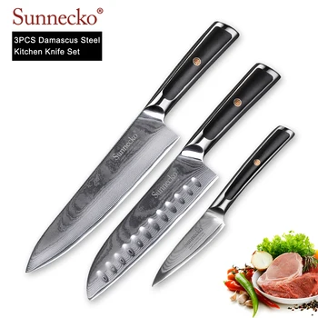 SUNNECKO 3PCS Santoku Paring Chef Knife Kitchen Knives Set Japanese Damascus VG10 Steel Razor Sharp Cutter Tool knife G10 Handle
SUNNECKO 3PCS Santoku Paring Chef Knife Kitchen Knives Set Japanese Damascus VG10 Steel Razor Sharp Cutter Tool knife G10 Handle