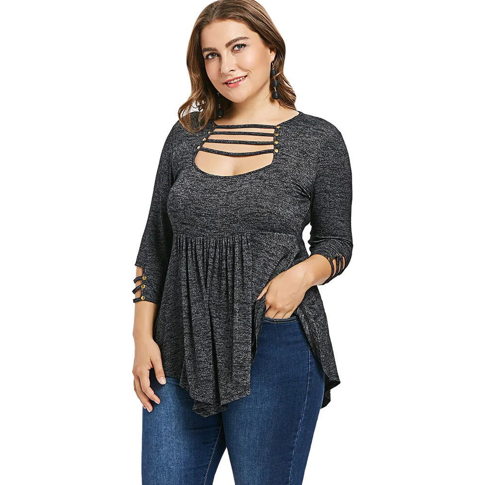 

Wipalo Plus Size 5XL Ladder Cut Out High Waist T-Shirt Women Casual Three Quarter Sleeve Asymmetrical T Shirt Women Clothing