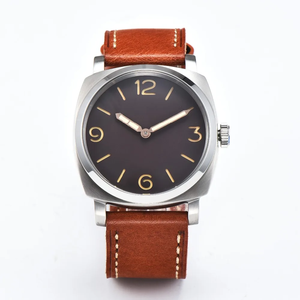 Parnis 47 mm black sterile dial white case brown leather strap mechanical hand wind Seagull Movement 6497 men's watch
Parnis 47 mm black sterile dial white case brown leather strap mechanical hand wind Seagull Movement 6497 men's watch