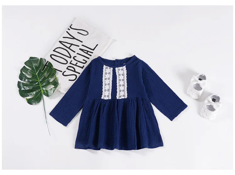 Mother nest Lone Sleeves Baby Girl Lace Dress Dark Blue Linen Cute Newborn Clothes Dresses Children Simple Cotton 1st Birthday (15)