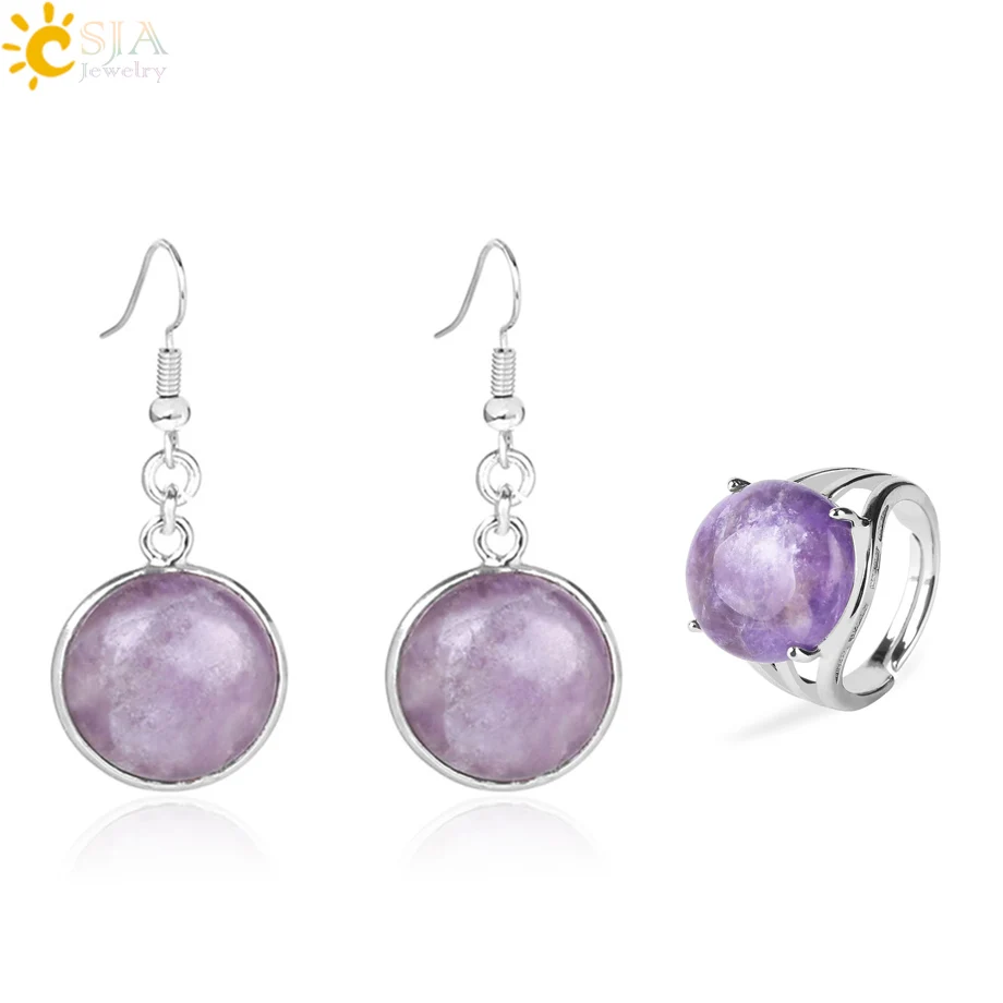 CSJA Natural Stone Earring Ring Jewelry Set Silver Color Purple Crystal Dangle Round Bead Finger Ring Women Lover Jewellery F664
CSJA Natural Stone Earring Ring Jewelry Set Silver Color Purple Crystal Dangle Round Bead Finger Ring Women Lover Jewellery F664