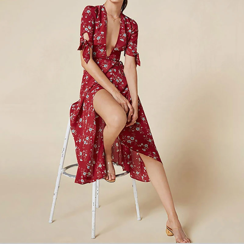 Women Deep V-Neck Sexy Floral Chiffon Beach Dresses Summer Ladies Long Wrap Dress Robe Femme Ete 2019
Women Deep V-Neck Sexy Floral Chiffon Beach Dresses Summer Ladies Long Wrap Dress Robe Femme Ete 2019