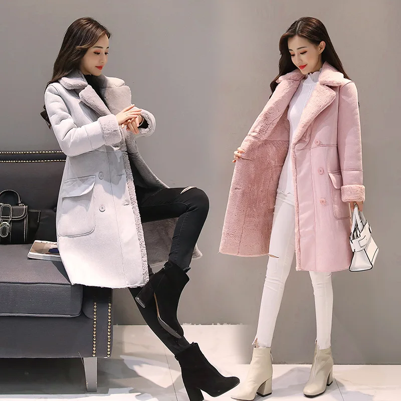 2019 Winter Women Double breasted Faux Suede Leather Jacket Long Faux Lamb Wool Patchwork Overcoats Shearling Coats Pink Grey
2019 Winter Women Double breasted Faux Suede Leather Jacket Long Faux Lamb Wool Patchwork Overcoats Shearling Coats Pink Grey