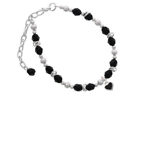 Silvertone Mini Two Sided Black Heart Black Beaded Bracelet