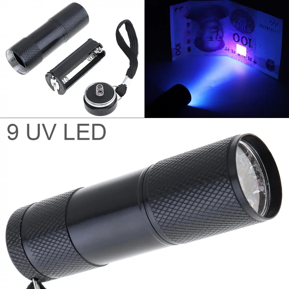 

395nm Aluminum Alloy 9 LED UV Flashlight Support 3 x AAA Batteries for Fluorescent Agent Detection / Money Detector