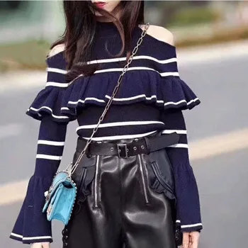 Motina Julia Striped Ruffle cold shoulder knitted sweater women Autumn soft warm chic pullover female Winter party jumper
Motina Julia Striped Ruffle cold shoulder knitted sweater women Autumn soft warm chic pullover female Winter party jumper