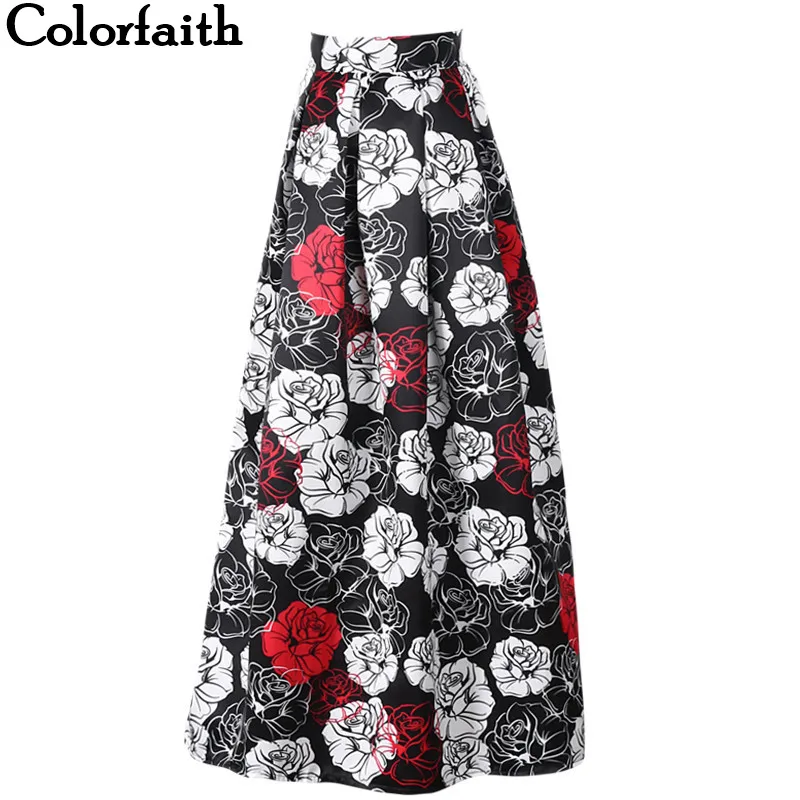 Colorfaith 2017 атласная Для женщин 100 см клеш макси юбки Пышное Платье с цветочным