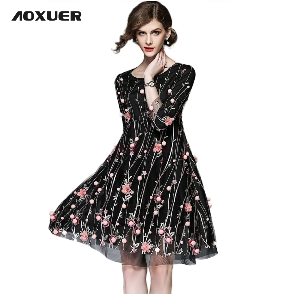 Aoxuer новые элегантные леди перспектива сетки с вышивкой платье цветочным