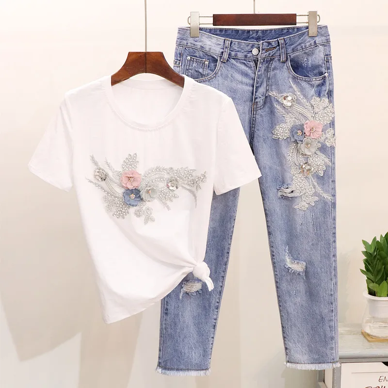 Ripped Jeans Sets In Women's Two Piece Suit White Bamboo Cotton T Shirts + Holes Jeans Twopiece Girls Students Denim Pants Set
Ripped Jeans Sets In Women's Two Piece Suit White Bamboo Cotton T Shirts + Holes Jeans Twopiece Girls Students Denim Pants Set