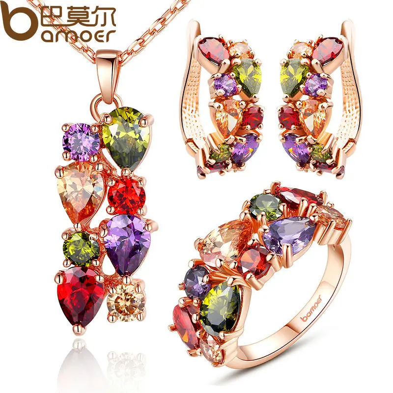 BAMOER High Quality Gold Color Flower Jewelry Sets with Multicolor AAA Cubic Zircon for Women Wedding Necklace + Earrings+Ring
BAMOER High Quality Gold Color Flower Jewelry Sets with Multicolor AAA Cubic Zircon for Women Wedding Necklace + Earrings+Ring