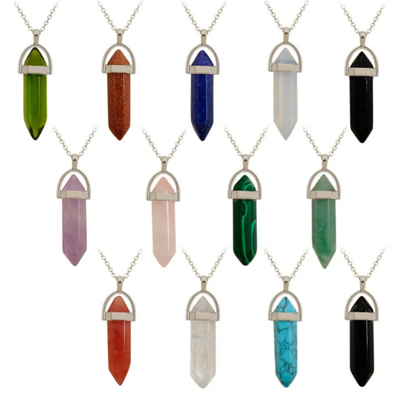 26 color Hexagonal Column Quartz Necklaces Pendants Natural Stone Bullet Crystal silver chain Necklace For Women Jewelry 32*8mm
26 color Hexagonal Column Quartz Necklaces Pendants Natural Stone Bullet Crystal silver chain Necklace For Women Jewelry 32*8mm