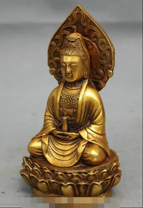 S3774 Folk Chinese Bronze Gilt Buddhism Pot Kwan-Yin GuanYin Buddha Goddess Statue