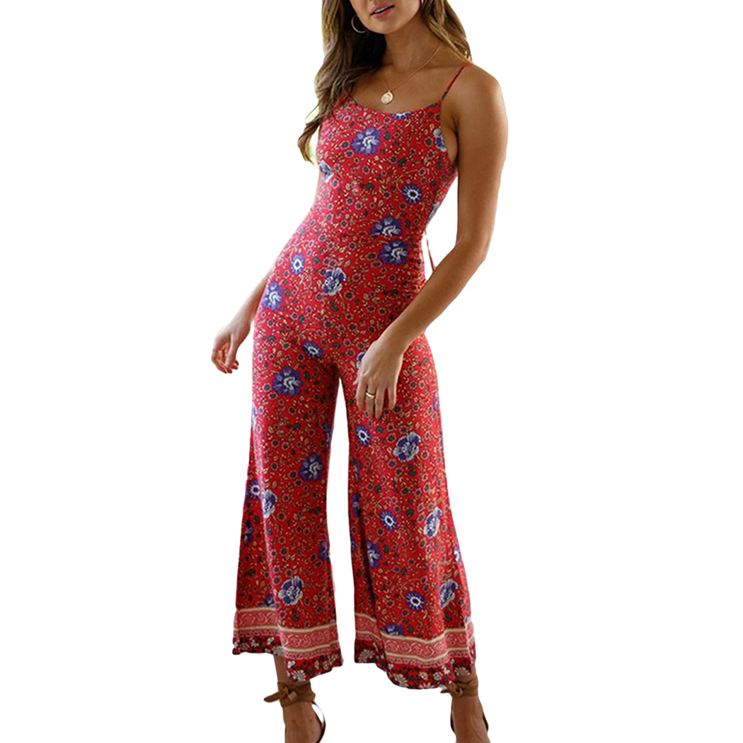 Summer Rompers Womens Jumpsuit Sexy Backless Spaghetti Strap Long Playsuit Wide Leg Pants Sleeveless Print Boho Beach Overalls | Женская
